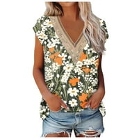 Sksloeg ljetne košulje za žene Ljeto V izrez cvjetni tiskani tenkovi guipure čipkasti kapice s kratkim