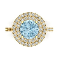 2. CT sjajan okrugli rezan plavi simulirani dijamant 14k žuti zlatni halo pasijans sa akcentima Veličina prstena 9,75