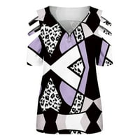 USMIXI ženske majice V-izrez kratki rukav Leopard Geometrijski print ljeto slatka vrhova modna četvrt