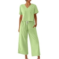 Ljetne odjeće za ženske ležerne pamučne posteljine set kratkih rukava V izrez i široke pantalone sa