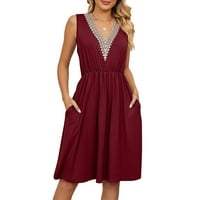 Ženske ljetne haljine bez rukava V izrez elastične strukske haljine sa džepovima vino crveno xxl