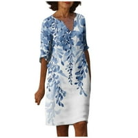 Ženski ljetni vintage cvijet Ispis V-izreza polu-rukave haljina svjetla dimljiva haljina plava s