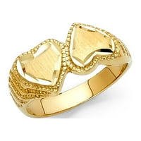 14k žuti solidan italijanski zlatni saten i visoko sjajni dvostruki srčani prsten