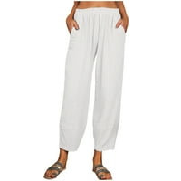 Posteljina palazzo hlače za žene Capris Solicy Elastic obrezana sa džepovima Casual Lounge Hlače Bijelo