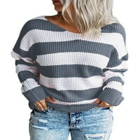 Ženski prugasti blok džemper s dugim rukavima šiveni u boji V izrez labavi pleteni puloveri Jumper vrhovi