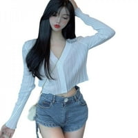 -Srednja ljetna korejska verzija čvrste boje V-izrez kratka ženska majica tanki divlji pletiv s dugim