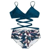 Ženski dvodijelni kupaći kostim, solidne boje špagete remen Bikini vrhovi + leopard print bikini gaćice,