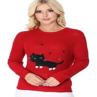 Ženska crna mačka Applique Crewneck Dugi rukav Ležerni Pletni pulover MK8207-BLK-S