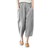 Hlače za ženske ležerne ljetne čvrste boje labave džepove visokog struka pamučne platnene pantalone