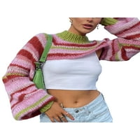Biayxms Ženski džemper za slijeganje ramene Ležerne prugaste labave duge rukave pola kornjačevog pulover