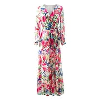 Maxi haljine za ženske ležerne haljine s dugim rukavima V-izrez Ljeto napušta cvjetnu tisak maxi haljina