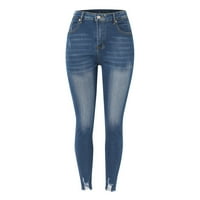 Durtebeua Ženske rippene visoke strukske traperice Fit Stretchy High Steped Creeped Jeans Blue L