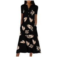 Ljetne haljine za žene kratki rukav Srednja haljina za sunčanje s V-izrezom ispisana džepnim crnim 2xl
