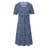Haljine s kratkim rukavima Mid-duljina ispisana džepam V-izrezom sunčane haljine plave 2xl