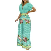 FOPP prodavač Ženski ljetni modni temperament tiskani casual v vrat kratkih rukava za noge za kratke hlače dva postavljena zelena s