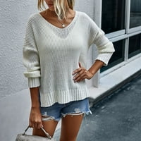 Honeeladyy ženske modne V-izrez labav pulover Puno boje dugih rukava džemper bijeli