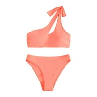 Ženski bikini dva kupaća kupaca jedno rame Solid kovitleni kožu kravata za kupanje, ružičasta m
