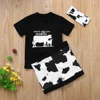 Djevojčica Toddlera Postavite kratke krave Print T Odložite liste za majicu za mališane za mališane