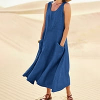 Sandresses za žene Ženska modna casual Solid Boja bez rukava pamučna posteljina Džepna haljina plava