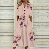 Haljine za žene Leptir cvjetni print kratkih rukava midi haljina casual v džepovi dugmeta dugih plaža