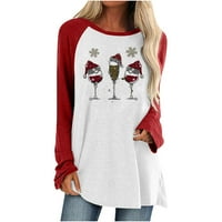 Ženske odjeve za ponude Dame Božićni print Crveno vino Glass Labavi dugi rukav Pulover okruglog vrata Top majica, bijela, s