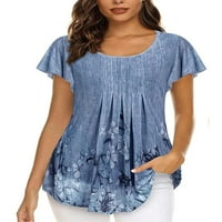 Niveer Women majica s kratkim rukavima majica cvjetni print ljetni vrhovi casual tunika bluza posada vrata TEE NAVY BLUE 3XL
