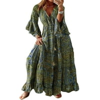 Luxplum žene Ljeto plaže sandress v izrez Maxi haljine Flare rukava duga haljina boemska zabava zelena
