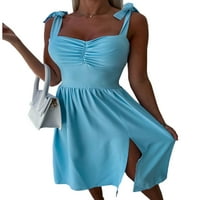 WTPRETTY Womens Solid Boja Summer Sandress Strappy Shirred Split Maxi haljina