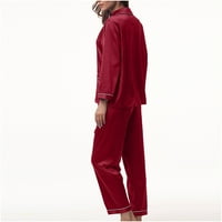 Saten pidžamas je postavio žensko dugme za spavanje s dugim rukavima dolje niska noćna odjeća svilena pjs s džepovima crvena