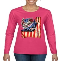 Divlji bobby bass američki zastava Patriotski orlov ženski grafički čaj dugih rukava, Fuschia, mala