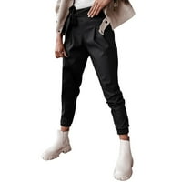 Ženske pamučne posteljine hlače elastična visoka struka koža PU Ležerne sa džepovima i leđima patentnih
