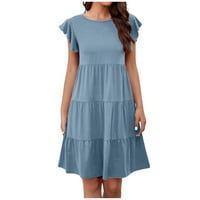 Ženske haljine s kratkim rukavima Solid moda Srednja dužina A-line okrugla dekoltetna haljina plava
