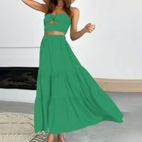 Zhizaihu a line suknje Žene s Ljeto Boho elastični struk nagnut linijska linija Flowy Swiered Skirt s dugim plažama haljina s džepovima Boho suknja zelena XL
