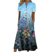 Ljetne haljine za žene kratki rukav A-line Dužina gležnja, labav klub Ispišivanje V-izrez haljina plava s