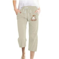 Capris za žene Pamučne posteljine casual pantalone ravne noge za crtanje elastičnih struka labave udobne