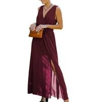 Shusuen ženska modna casual V-izrez pune boje bez rukava bez rukava srednje duljine maxi haljine za