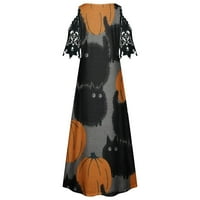 Ženske haljine haljine haljine čipke kratkih rukava V izrez Ruched Maxi haljine slatka mačka bundeve