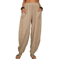 PLNOTME Ženske modne čvrste labave ležerne harem hlače sa džepovima Capri vrećaste hlače posteljine