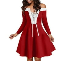 Gotyou Božićna ženska vintage pune boje dugih rukava, krznena haljina svečana strana kostim čipka za