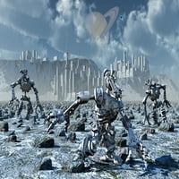 Sci-Fi konceptualna slika robota koji skupljaju bogate mineralne ležice sa površine ispisa vanzemaljskog