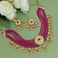 Efulgenz FAU Pearl zborokovna ogrlica i minđuše set ružičasti pogled na nakit za žene kunzan kristalno ogrlica okrugle naušnice indijski set nakita za vjenčanje Bollywood