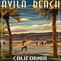 Plaža Avila, Kalifornija - Surfer i pristanište - Lintna Press Artwork