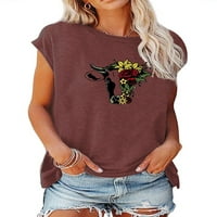 Pfysire ženski cvjetni print kratkih rukava majica bluza bluza na vratu na vratu vino crveno 3xl
