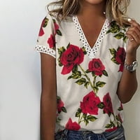 Mikilon Ženska modna štampa ležerna V-izrez čipka s kratkim rukavima, labavi majice Plus veličina Ženske