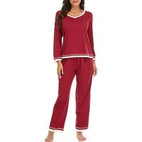 HANERDUN žene pidžama postavilo žensko spavanje s dugim rukavima PJS, tamnocrveni m
