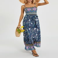 Thaisu ženske ljetne haljine, vintage špageti kaiševi cvjetni ispis ljuljačka duga haljina s kaišom