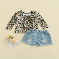 Canrulo modna dječja dječja dječja odjeća Leopard Dugi rukav Pulover T majice + traper kratke hlače