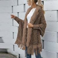 Zunfeo Ženska casual kardigan - modni casual pleteni Leopard tiskani FAU krzneni ovratnik tassels džemper s dugim rukavima Cardigan Tops Khaki 6