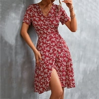 Haljine za prodaju za žene za žene s kratkim rukavima košulja s cvjetnim uzorkama V-izrez Midi Split