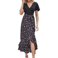 Holloyiver Plus Size Maxi Haljine za žene Ljeto V izrez kratkih rukava cvjetni print casual visoke strukske